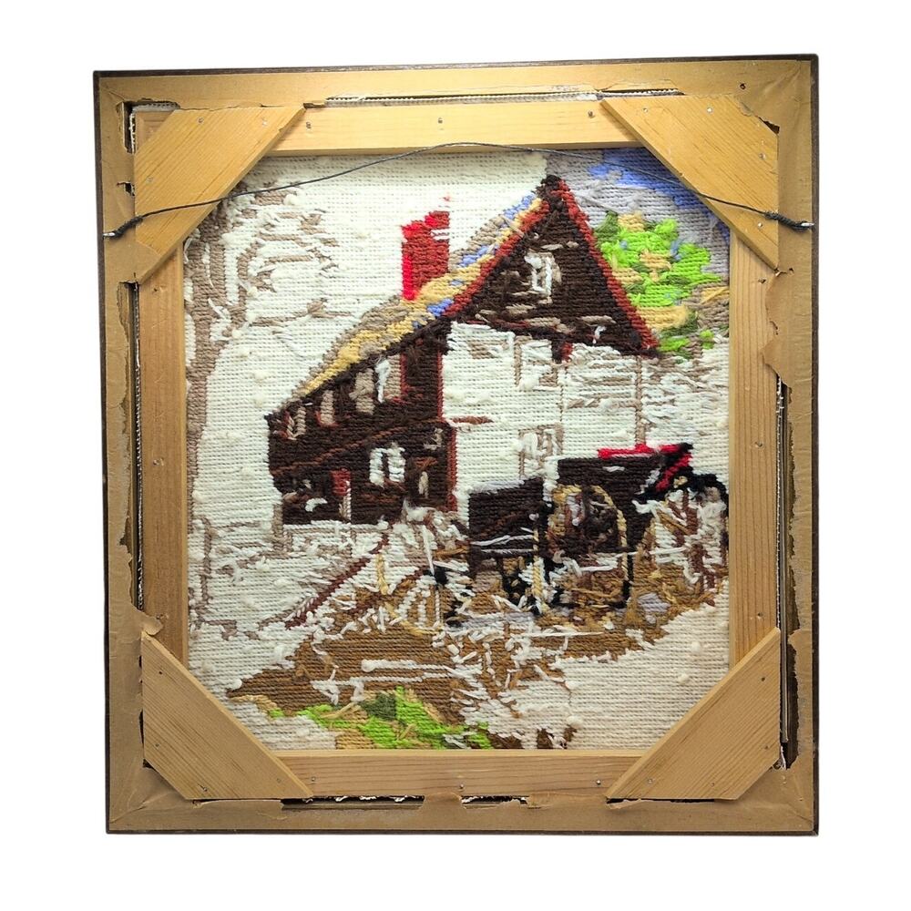 Vintage Grist Mill and Carriage Wagon Cottage Crewel Framed Needlepoint Art - Picture 3 of 6